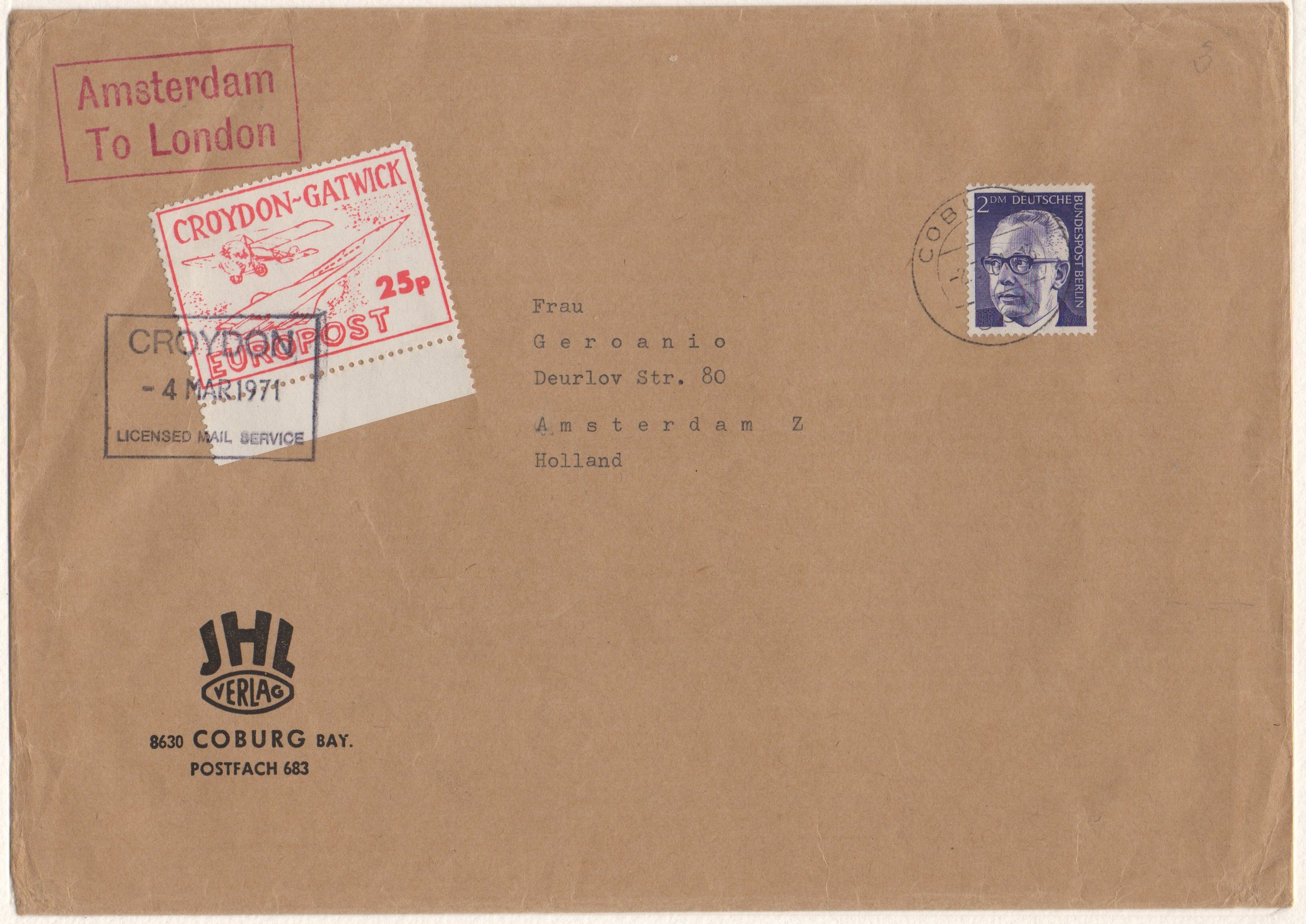 1971 Croydon Gatwick Strike Post 25p commercial cover from Coburg, Bavaria to the UK